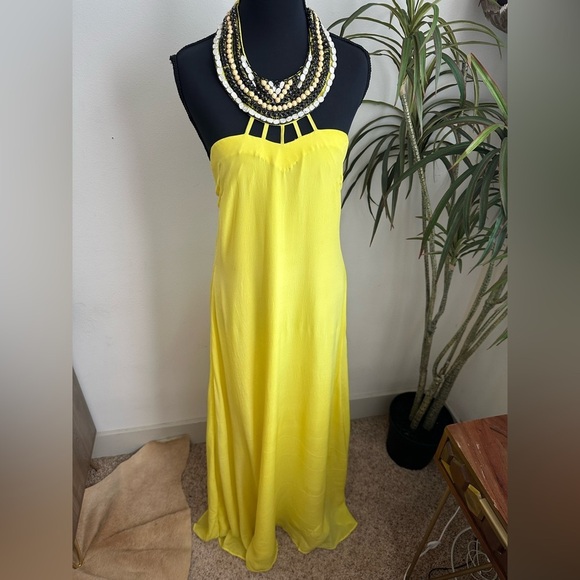 Karina Grimaldi Yellow Silk Maxi Dress XS beaded Backless Gown Boho Glam Resort - Picture 1 of 9